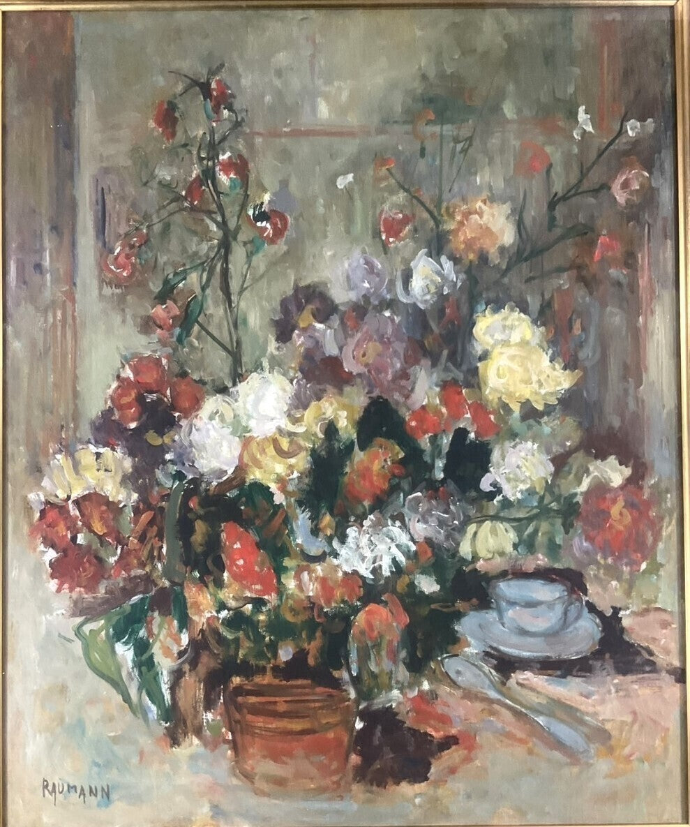 Signed Oil Painting Flowers Blue Teacup Framed Still Life