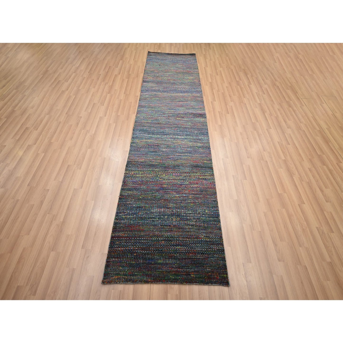 2'9"X10'2" Blue Grass Design Wool And Silk Modern Hand Knotted Runner Rug