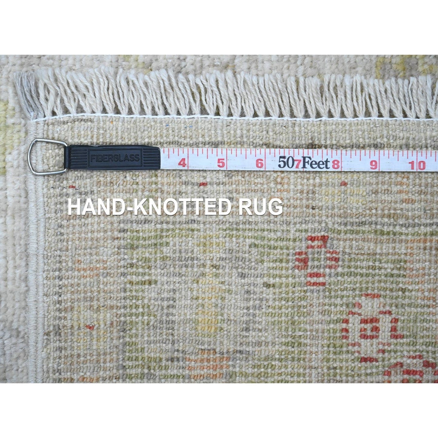 4'X11'9" White Hand Knotted Angora Oushak Leaf Design All Wool Runner Rug