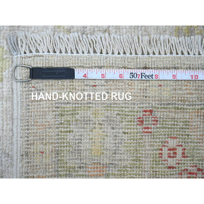4'X11'9" White Hand Knotted Angora Oushak Leaf Design All Wool Runner Rug