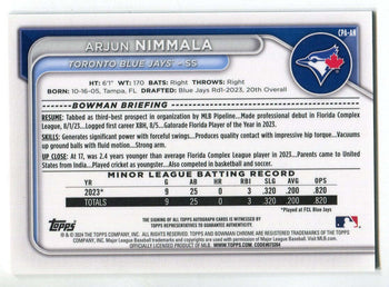 Arjun Nimmala 2024 1St Bowman Chrome Prospect Auto Rookie Card Cpa-An