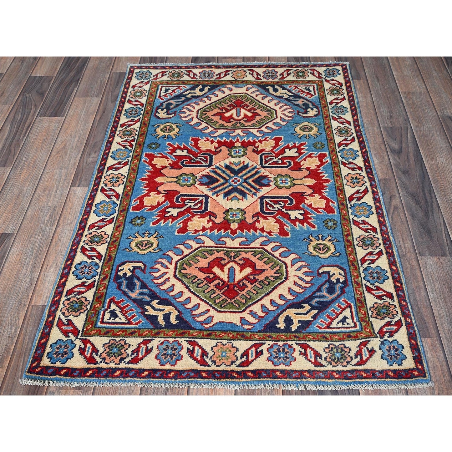 2'8"X4' Blue Kazak Geometric Design Hand Knotted Soft Wool Mat Sample Rug