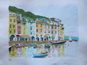 Aldo Riso ''Portofino'' Hand-Painted Engraving 60X80 - Authenticated And Signed