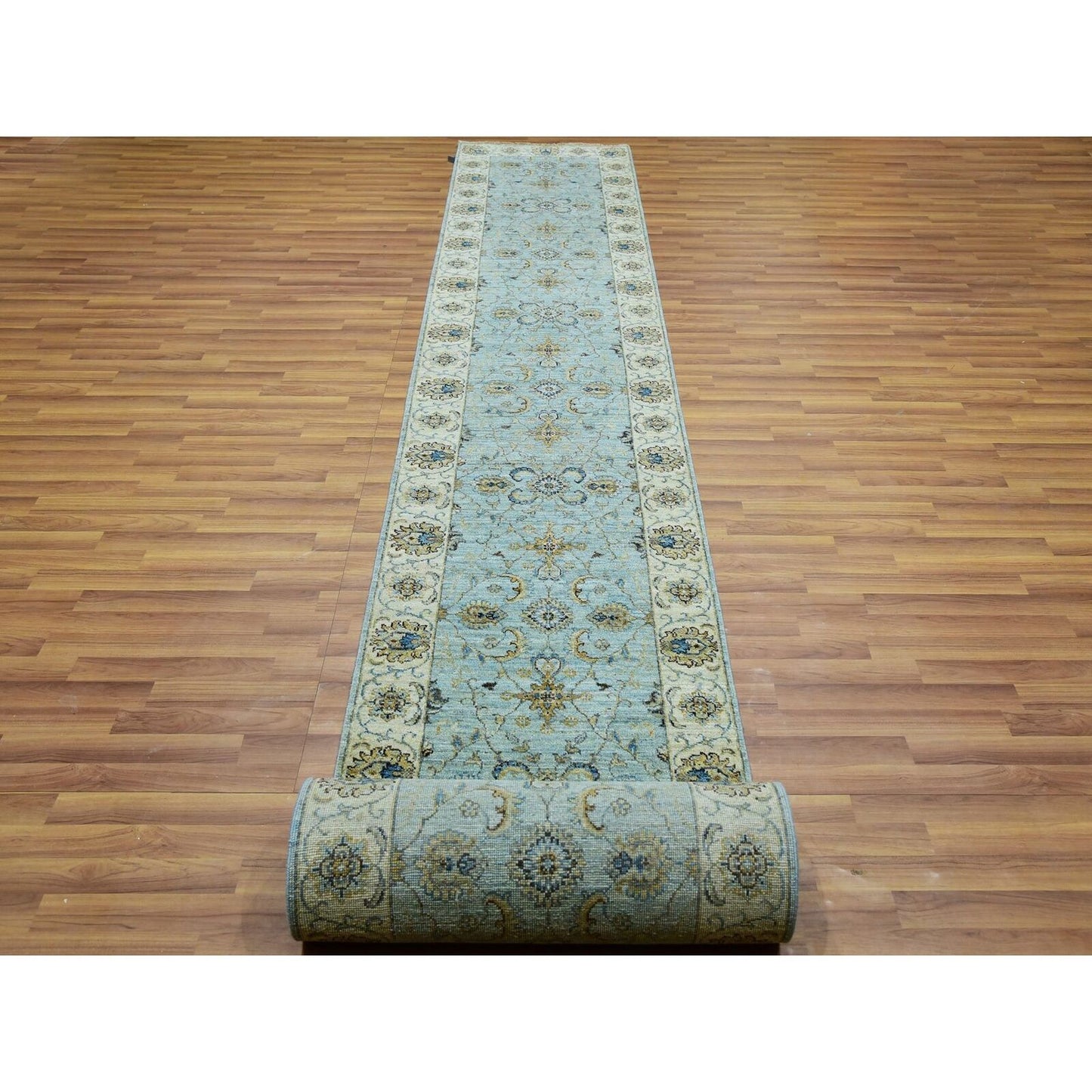 2'8"X29'9" Blue Hand Knotted Shiny Wool Shah Abbas Xl Runner Rug