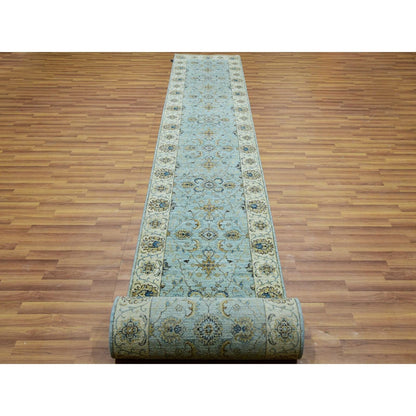 2'8"X29'9" Blue Hand Knotted Shiny Wool Shah Abbas Xl Runner Rug