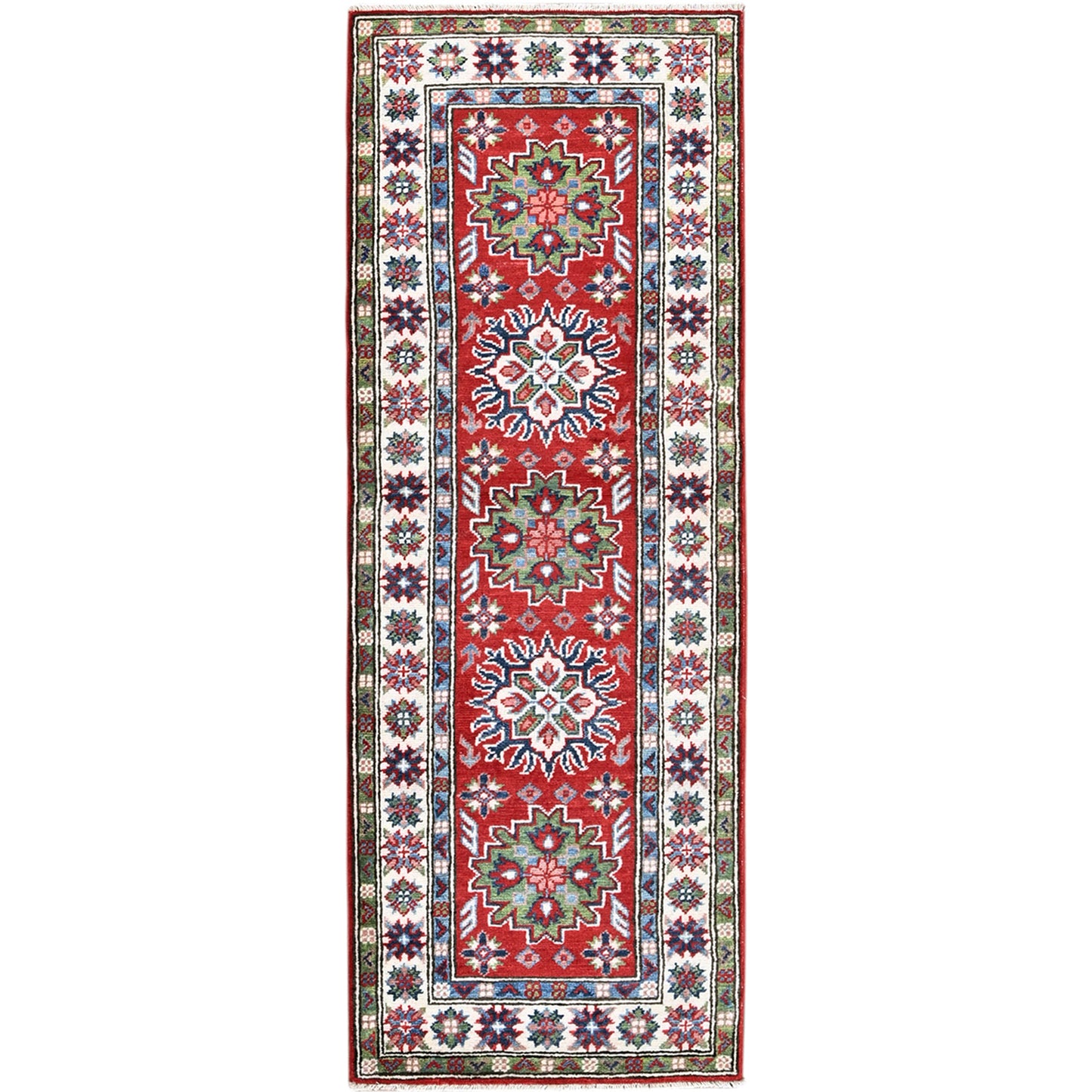 2'1"X6' Red Kazak With Tribal Design Hand Knotted Soft Wool Runner Rug