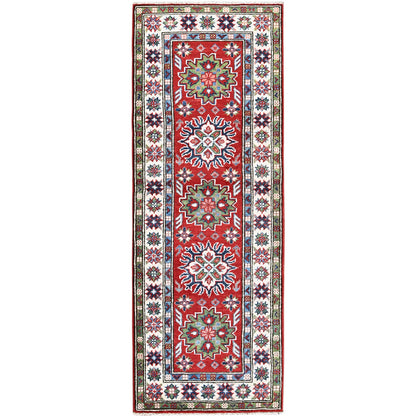 2'1"X6' Red Kazak With Tribal Design Hand Knotted Soft Wool Runner Rug