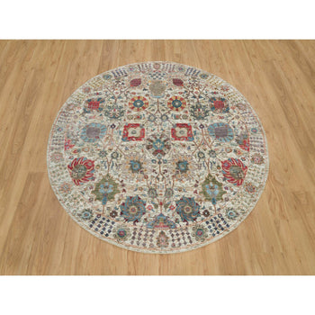6'X6' Porcelain White Silk And Wool Hand Knotted Tebraz Vase Round Rug