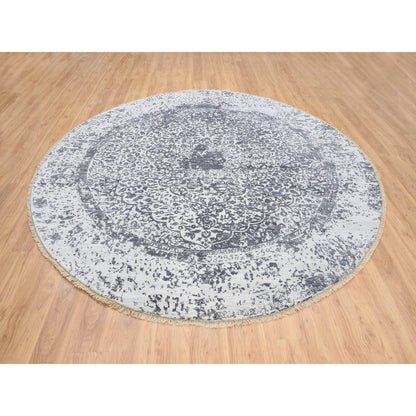 9'9"X9'9" Gray Erased Farsian Design Wool/Silk Hand Knotted Round Rug