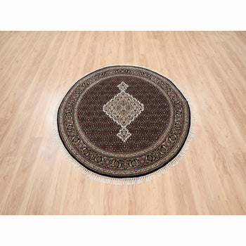 5'X5' 175 Kpsi Hand Knotted Black Tebraz Mahi Wool And Silk Round Rug