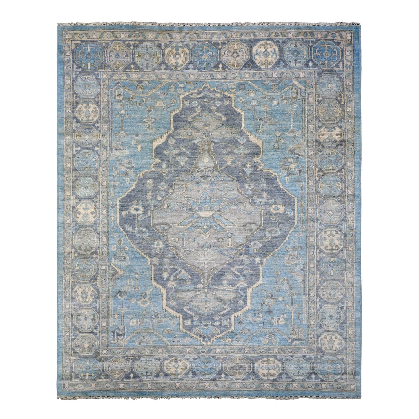 8'X9'6" Blue Hand Knotted Anatolian Village Inspired Wool Rug