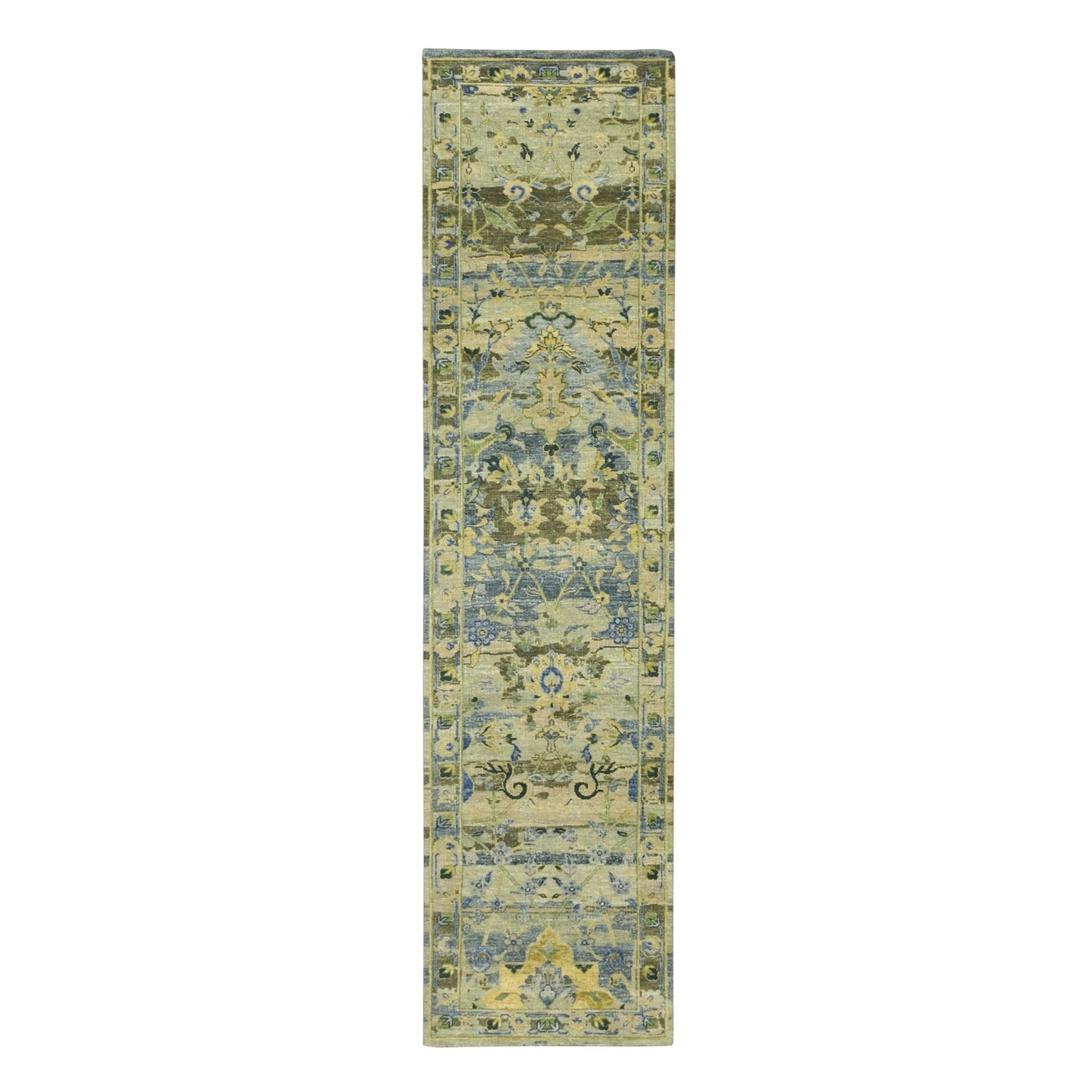 2'7"x10'5" Green Erased Zoroastrian Design Hand Knotted Wool Runner Rug