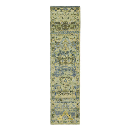 2'7"x10'5" Green Erased Zoroastrian Design Hand Knotted Wool Runner Rug