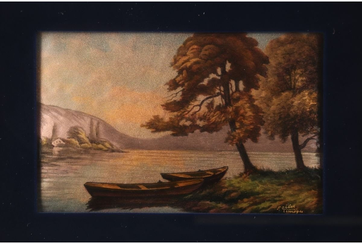 19Thc Limoges Enamel Miniature By F. Cibol  Lake Landscape Boats France