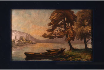 19Thc Limoges Enamel Miniature By F. Cibol  Lake Landscape Boats France
