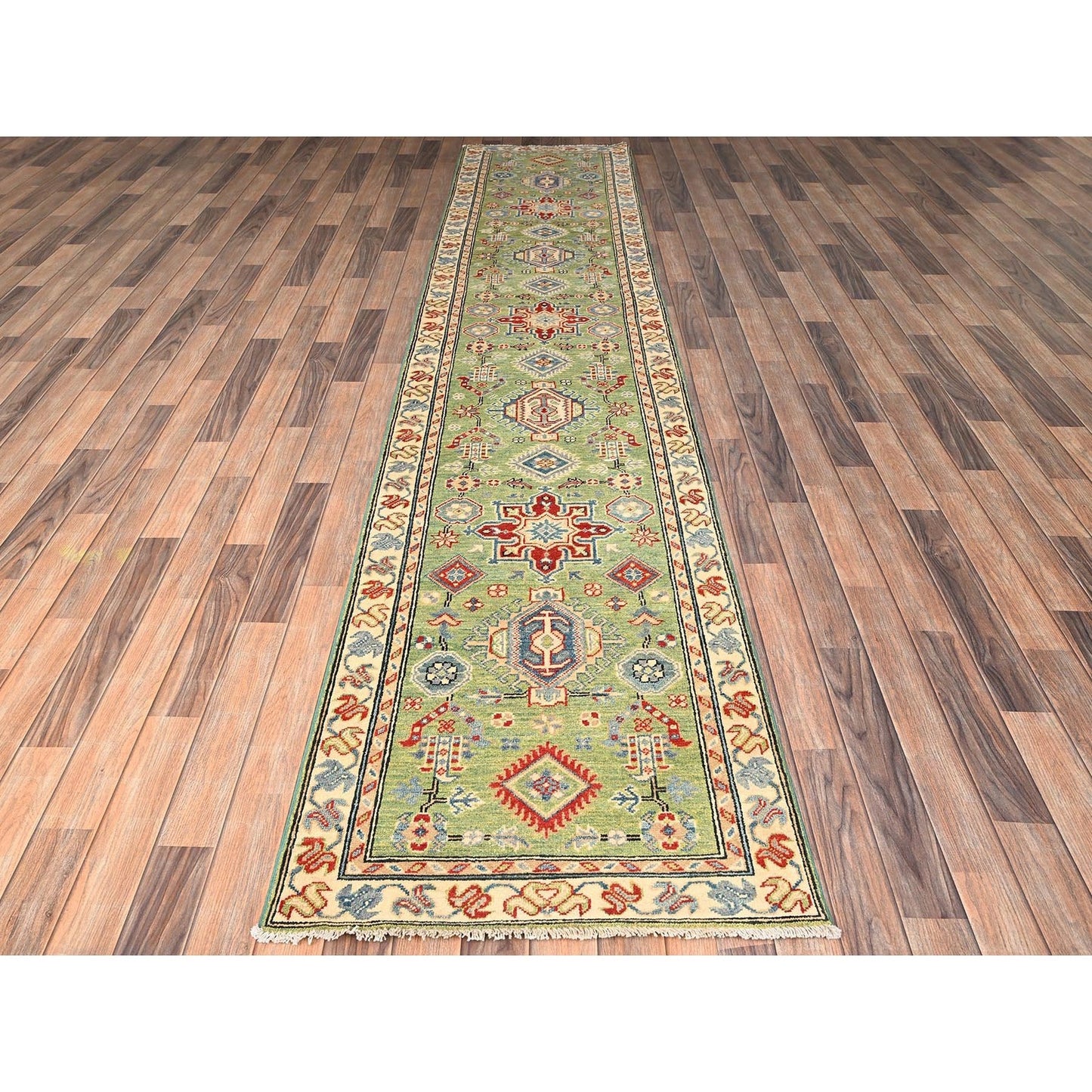 2'8"X13' Green Kazak Geometric Design Hand Knotted Rug Wool Runner