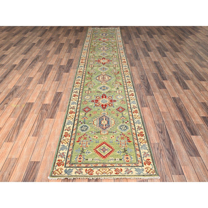 2'8"X13' Green Kazak Geometric Design Hand Knotted Rug Wool Runner