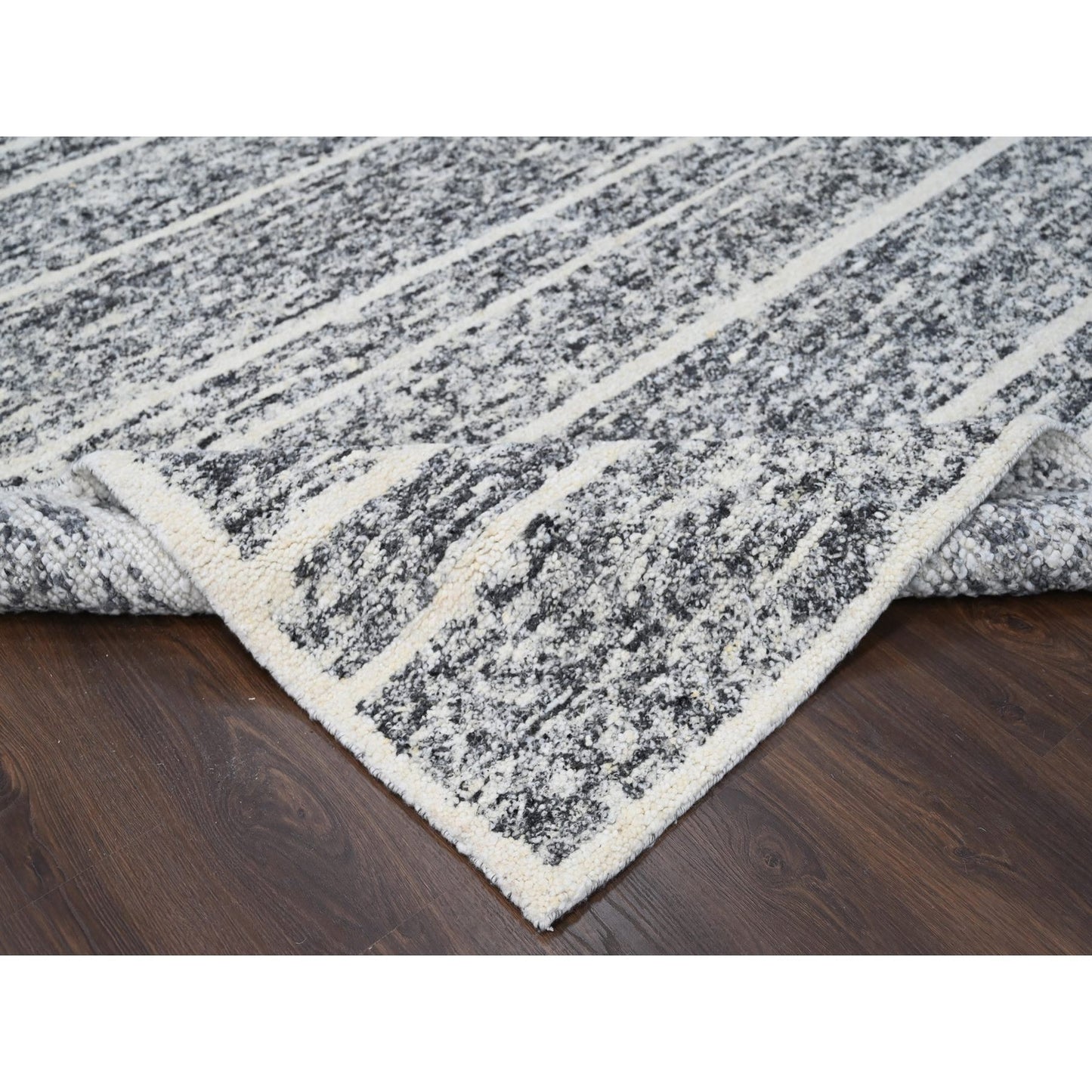 8'2"X9'10" Black And Ivory Modern Striae Design Wool Hand Knotted Rug