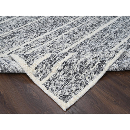 8'2"X9'10" Black And Ivory Modern Striae Design Wool Hand Knotted Rug