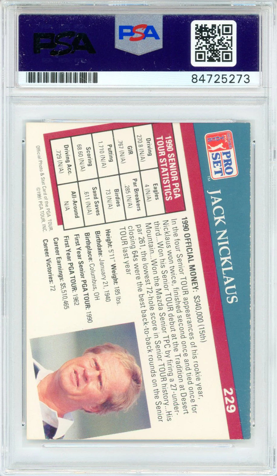 Jack Nicklaus Autographed 1991 Pga Pro Set Card #229 (Psa Auto)