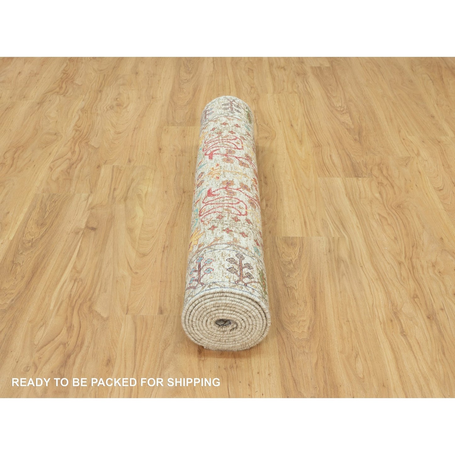 4'1"X12' Beige Hand Knotted Vase Design Silk And Wool Wide Runner Rug