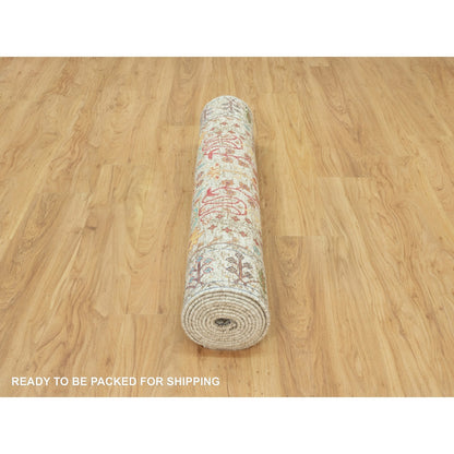 4'1"X12' Beige Hand Knotted Vase Design Silk And Wool Wide Runner Rug
