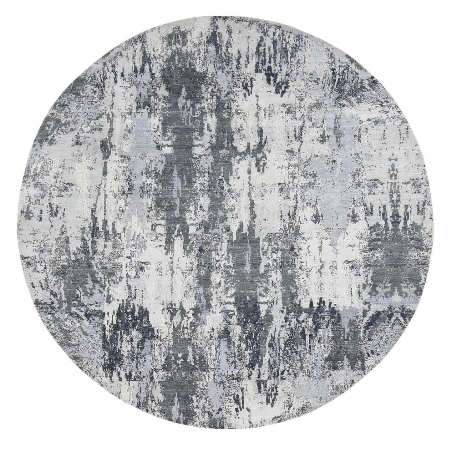 8'1"X8'1" Gray Abstract Design Wool And Pure Silk Hand Knotted Round Rug