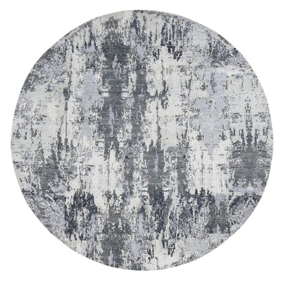 8'1"X8'1" Gray Abstract Design Wool And Pure Silk Hand Knotted Round Rug