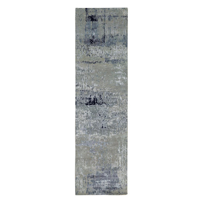2'7"X9'9" Silver Blue Silk Modern Abstract Design Handknotted Runner Rug