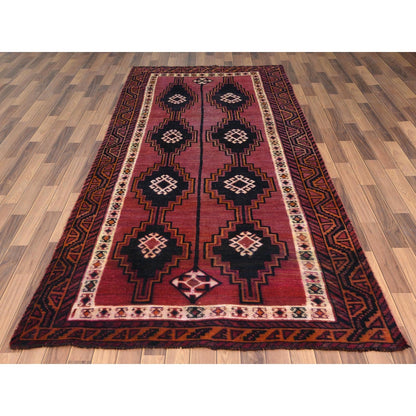 4'9"X10'5" Hand Knotted Red Farsian Qashqairaz Worn Vintage Runner Rug
