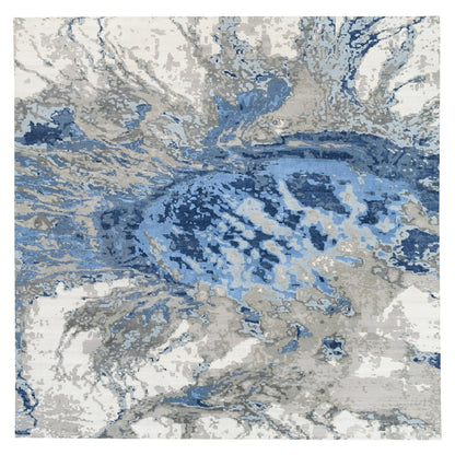 10'1"X10'1" Blue Abstract Design Wool And Silk Hand Knotted Square Rug