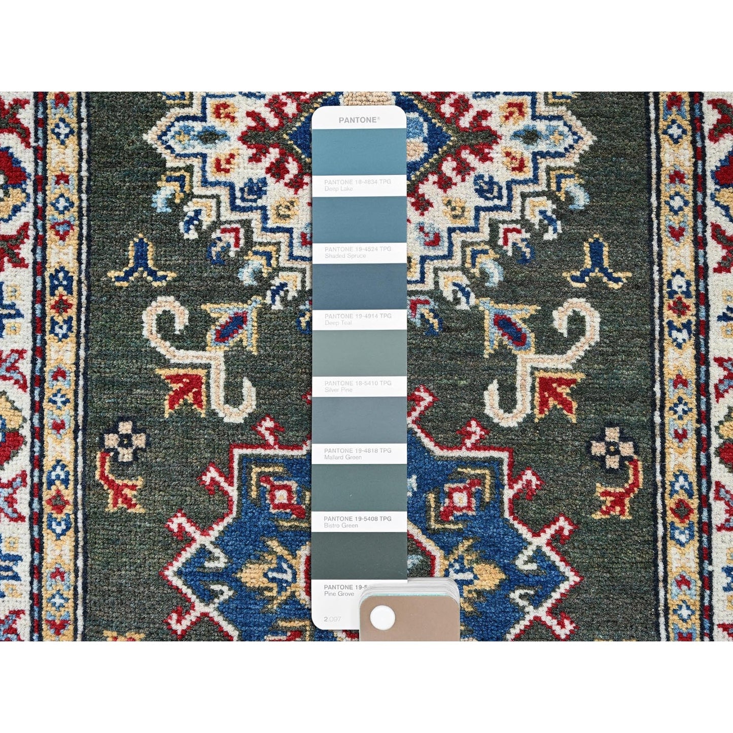 2'8"X6'5" Green Kazak With Geometric Design Wool Hand Knotted Runner Rug