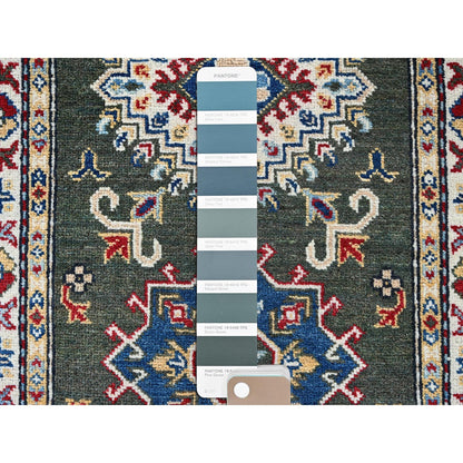 2'8"X6'5" Green Kazak With Geometric Design Wool Hand Knotted Runner Rug