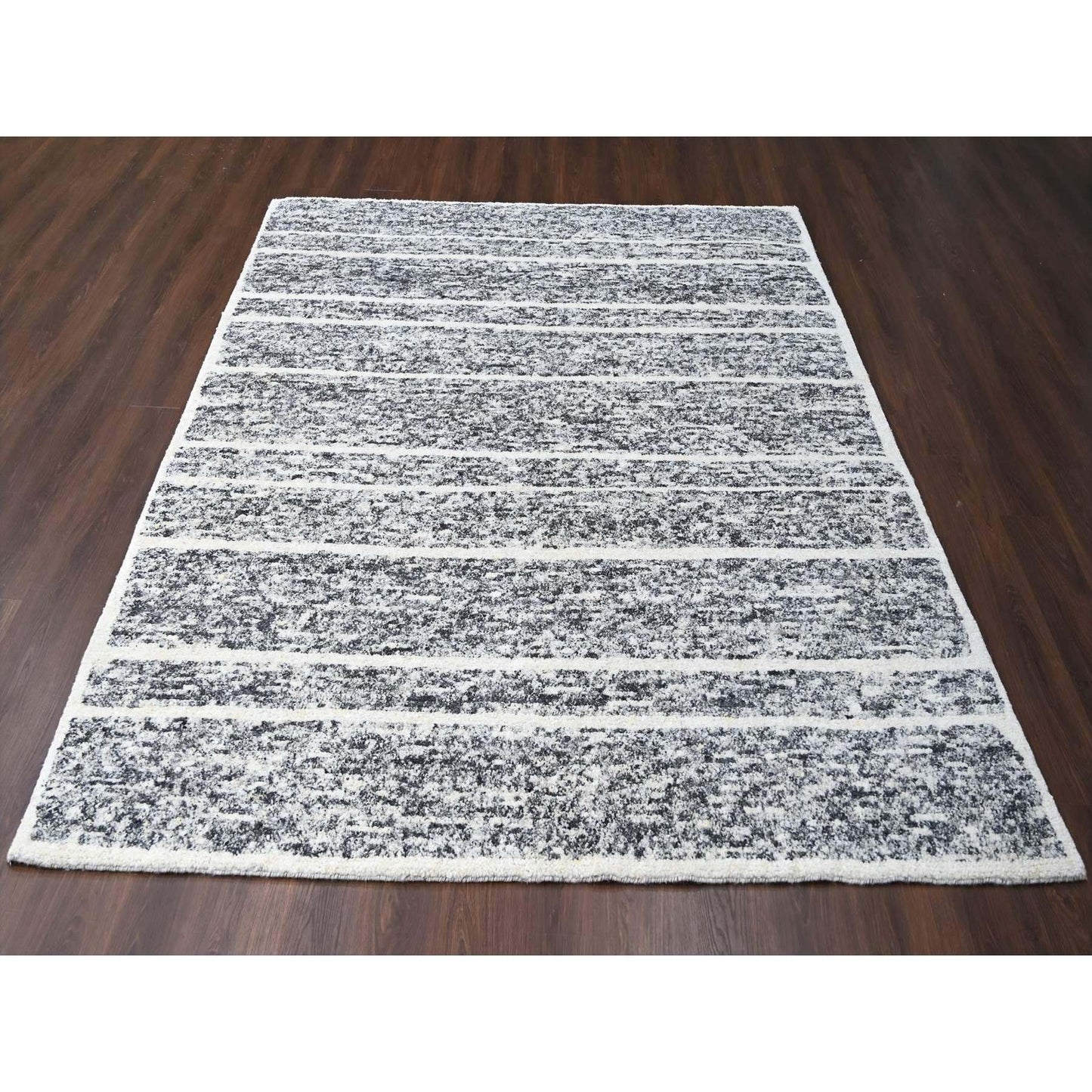 8'2"X9'10" Black And Ivory Modern Striae Design Wool Hand Knotted Rug