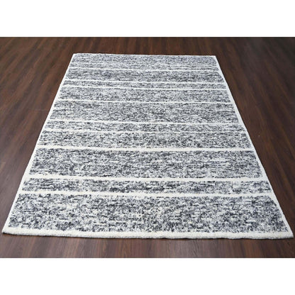 8'2"X9'10" Black And Ivory Modern Striae Design Wool Hand Knotted Rug