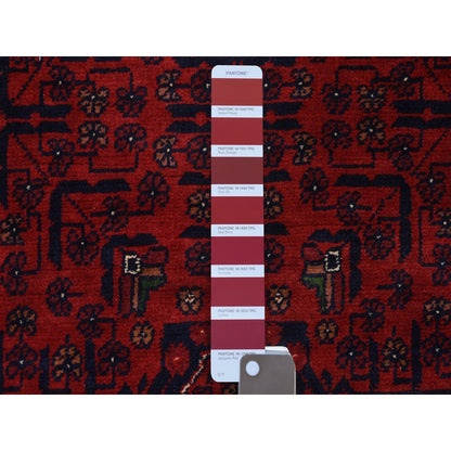 2'10"X9'9" Deep Red Hand Knotted Afghan Khamyab Velvety Wool Runner Rug