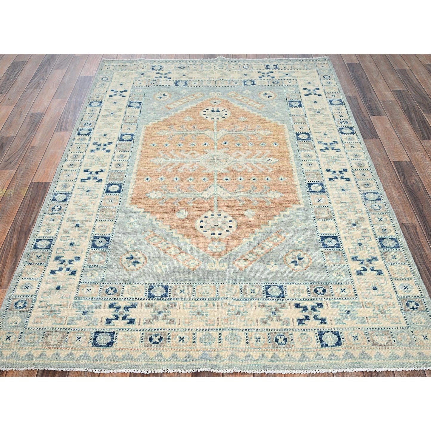 5'X6'9" Blue Wool Rug Anatolian Village Design Turkish Knot Hand Knotted