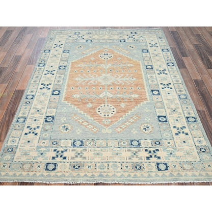 5'X6'9" Blue Wool Rug Anatolian Village Design Turkish Knot Hand Knotted