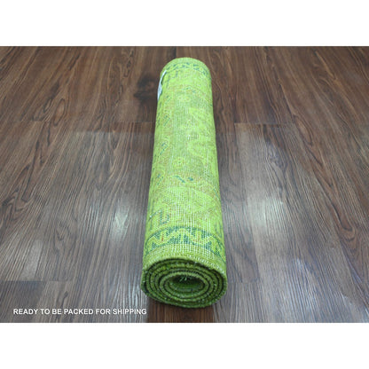 2'X5'5" Green Overdyed Kazak Tribal Design Wool Hand Knotted Runner Rug