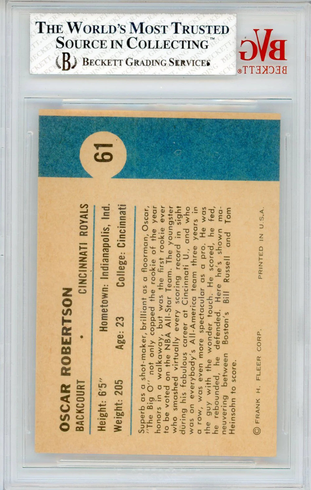 Oscar Robertson 1961-62 Fleer Rookie Card #61 (Beckett Ex Mt+ 6.5)