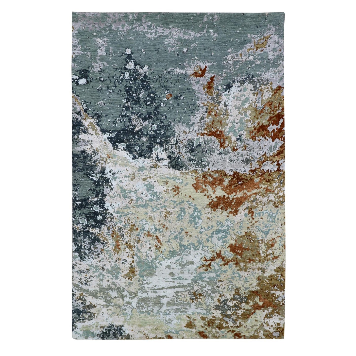 6'X9'3" Blue With Beige Abstract Galaxy Design Pure Wool Hand Knotted Rug