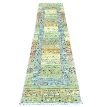 2'5"X9'9" Green Hand Knotted Kashkuli Animal Figurines Wool Runner Rug