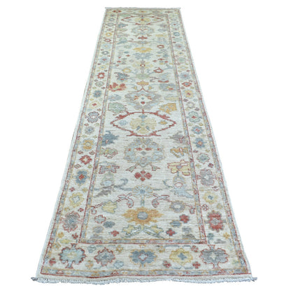 3'X11'8" Ivory Hand Knotted Afghan Angora Oushak Soft Wool Runner Rug
