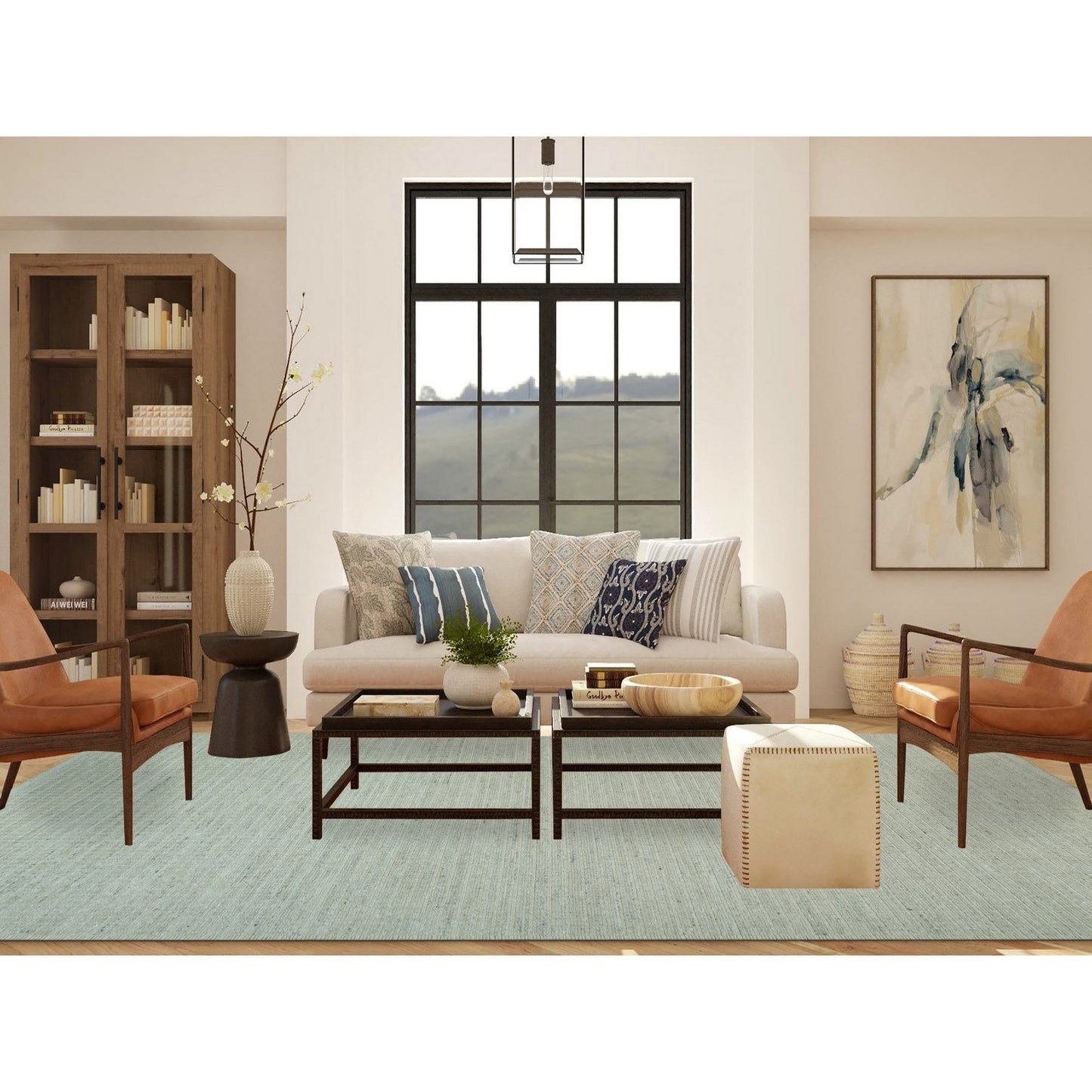 10'X13'9" Ivory Plain Decor Modern Box Design Loomed Knotted Wool Rug