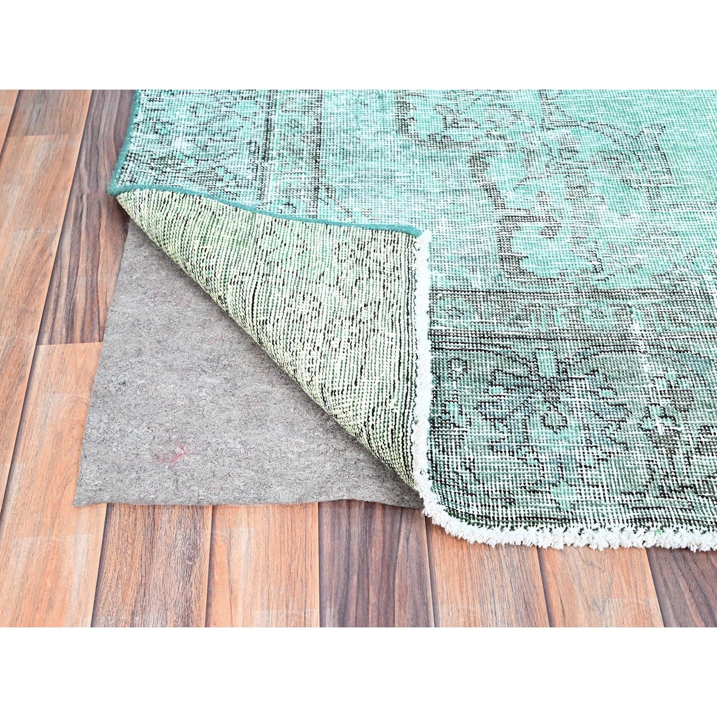 6'1"X9' Green Worn Wool Hand Knotted Overdyed Old Zoroastrian Tebraz Rug