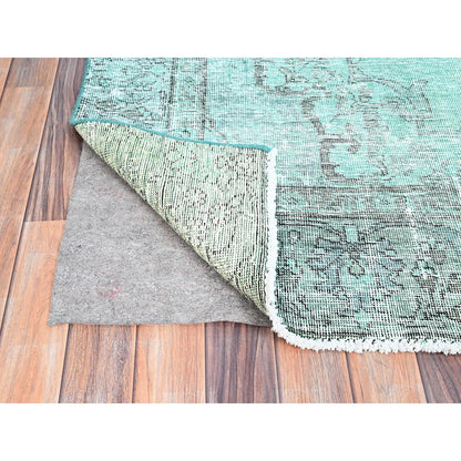 6'1"X9' Green Worn Wool Hand Knotted Overdyed Old Zoroastrian Tebraz Rug