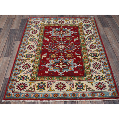 3'X4' Red Kazak Geometric Medallions Design Hand Knotted Soft Wool Rug