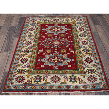 3'X4' Red Kazak Geometric Medallions Design Hand Knotted Soft Wool Rug
