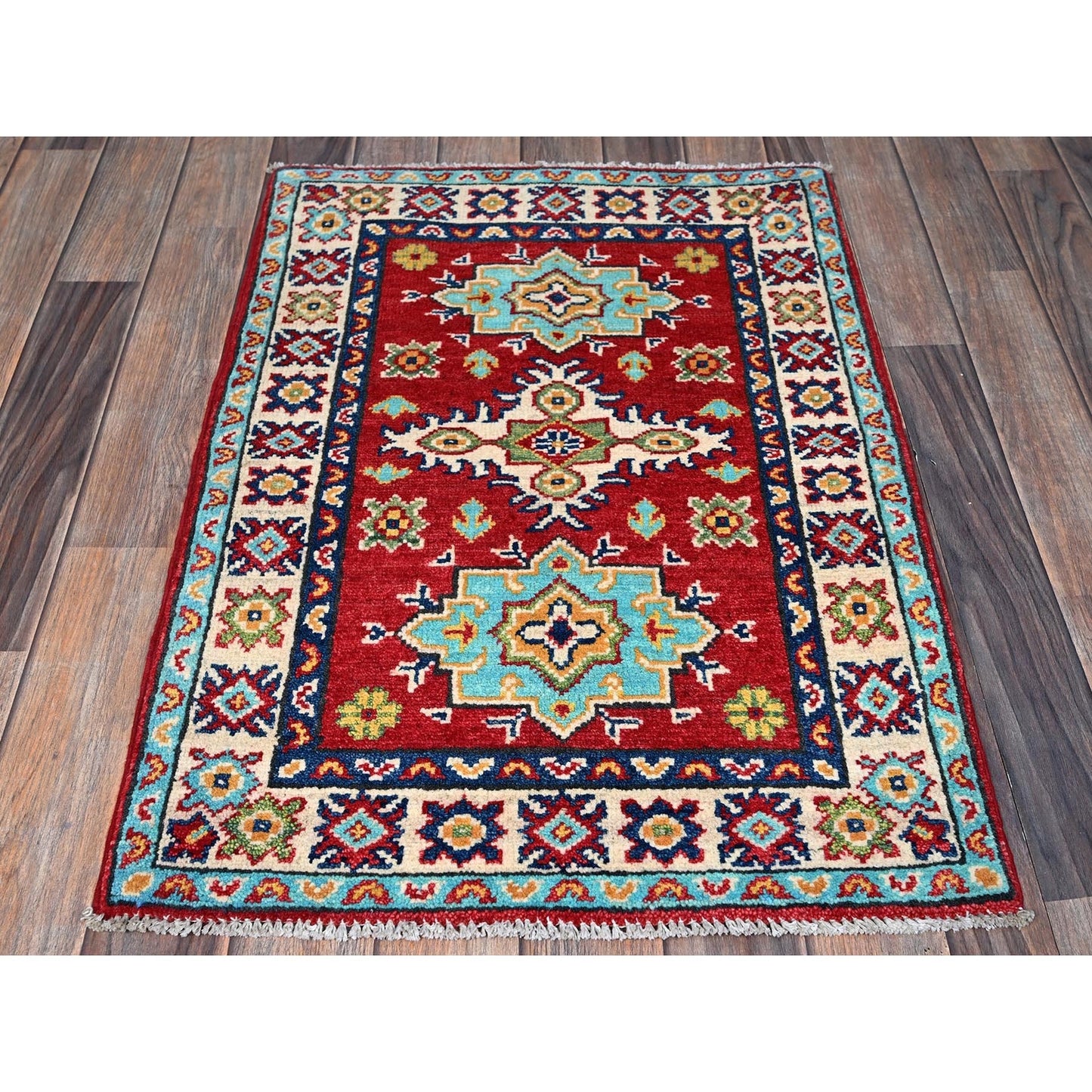 2'1"X3' Red Kazak Geometric Medallions Design Wool Hand Knotted Sample Rug