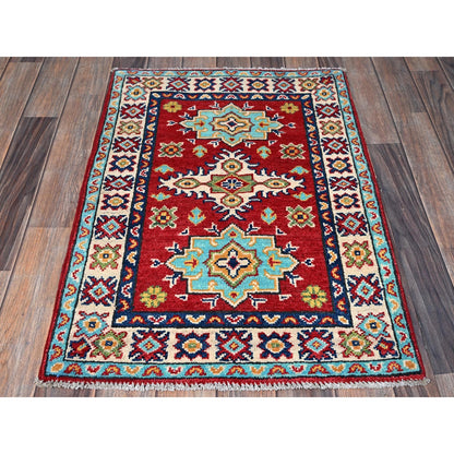 2'1"X3' Red Kazak Geometric Medallions Design Wool Hand Knotted Sample Rug